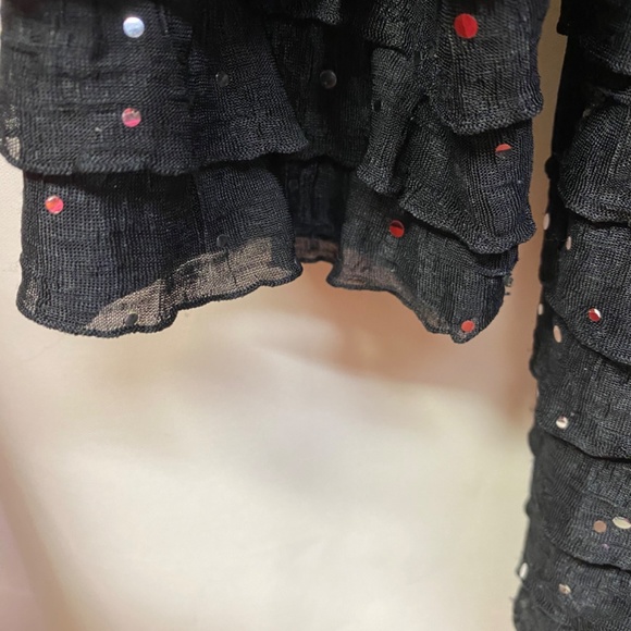 Jet Black Fancy crepe-ish fabric Top with sequins & small ruffles, lightweight - Picture 2 of 9